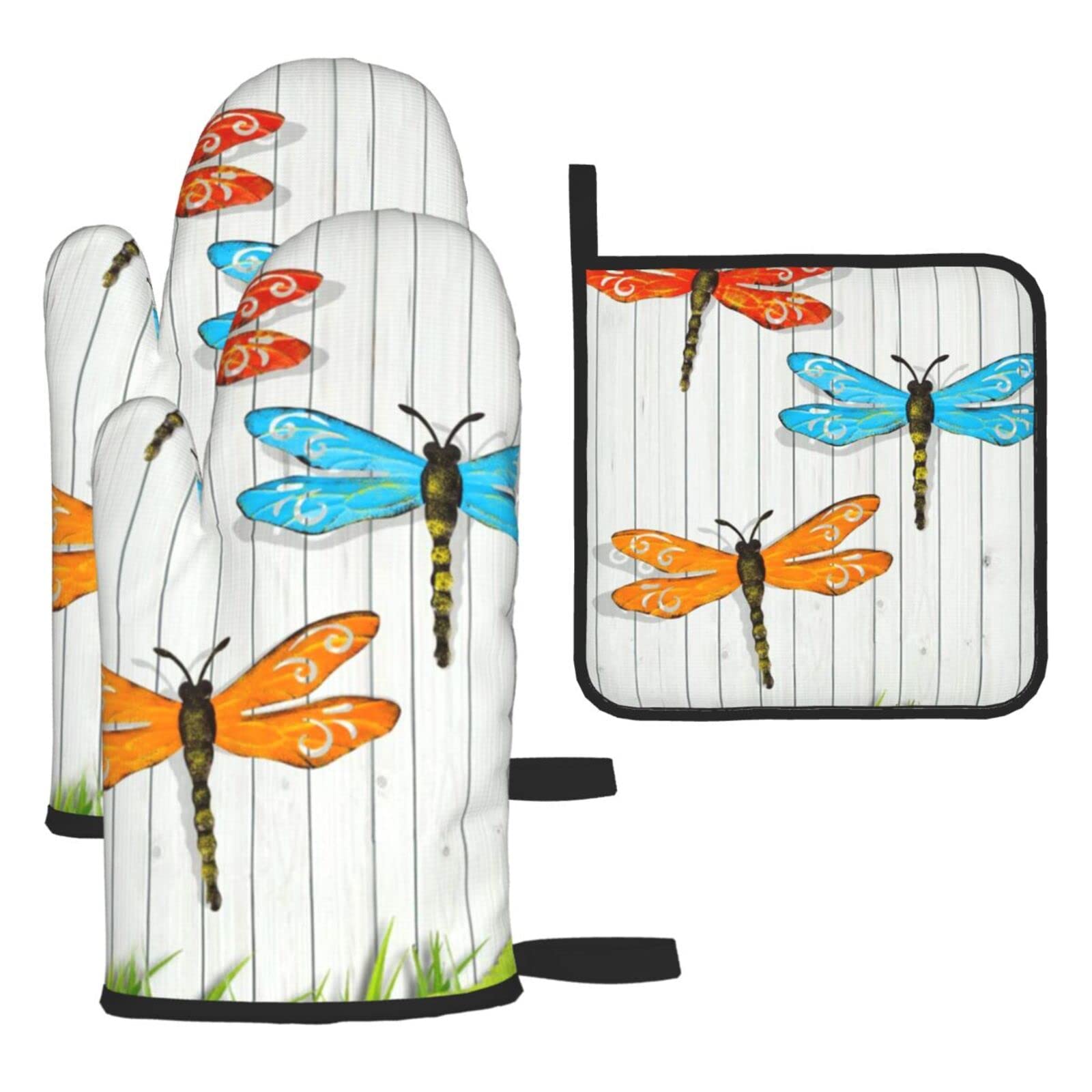 Dragonfly Fence Printed Kitchen Baking Three-Piece Heat-Resistant Thick Cotton Oven Gloves for Cooking and Baking.