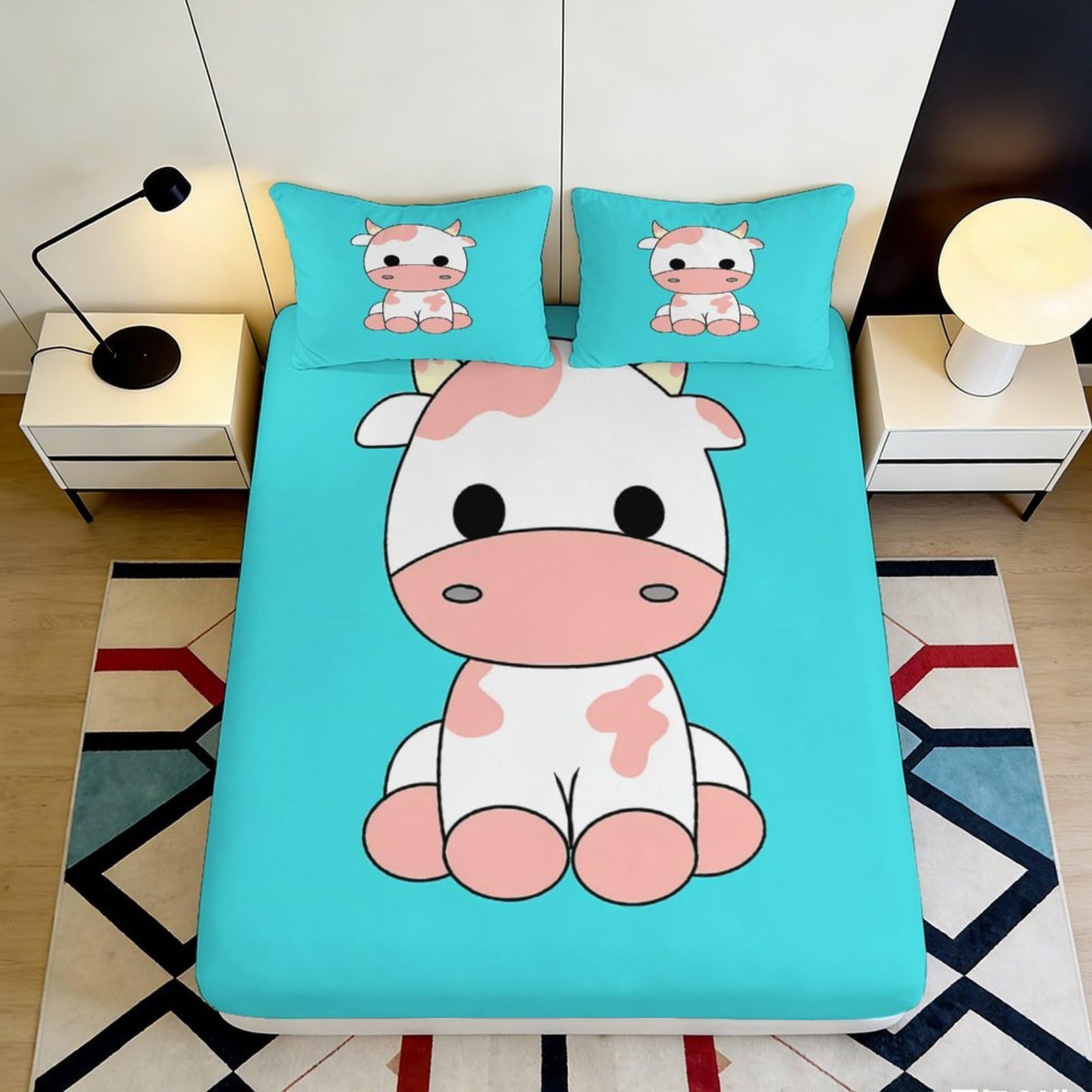 Pnayamiorkfel Style-4 3D Printed Cartoon Cow Fitted Sheet Microfiber Soft Non-Slip Pastel Animal Bed Cover For Bedroom Dorm Easy Care 90X200x25cm