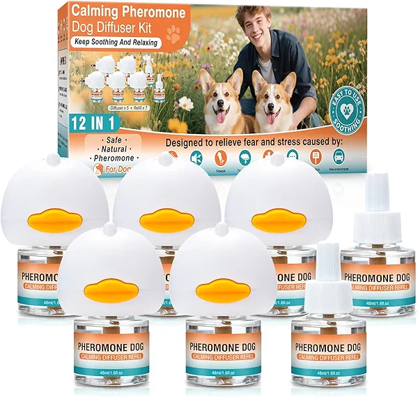 Dog Calming Pheromones Diffuser to Calm Pet 12 In 1 Advanced Kit Appeasing Pheromone Diffuser for Anxiety Relief (5 Plug in+7 Pack 48ml Refill) Reduce Aggression Fighting Barking Stress (Tasteless)