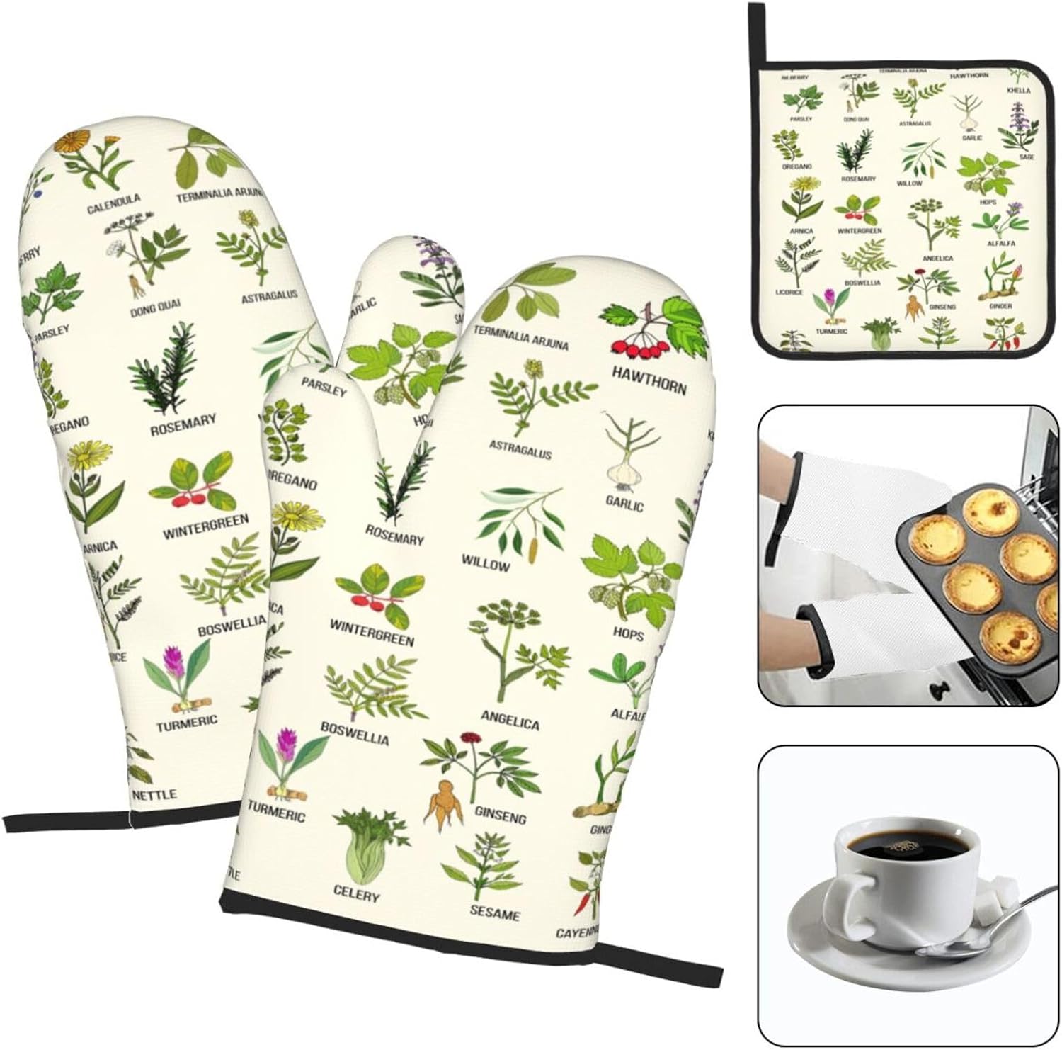 Cute Herbs Botanic Garden Plants Oven Mitts and Pot Holders Sets Heat Resistant for Kitchen BBQ Microwave Baking Grilling Cooks Set of 3 Kitchen Oven Glove image 3