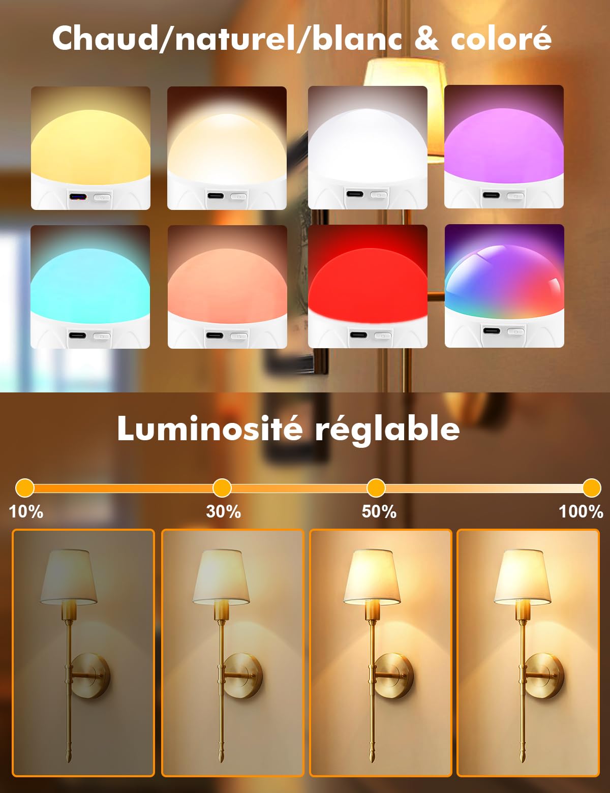 Ampoule Rechargeable USB-C avec Telecommande, E27 5W LED Ampoules Batterie de 2800mAh Tactile Dimmable avec 9 Couleurs RVB + 3 Températures de Couleur (3000K-4000K-6000K)