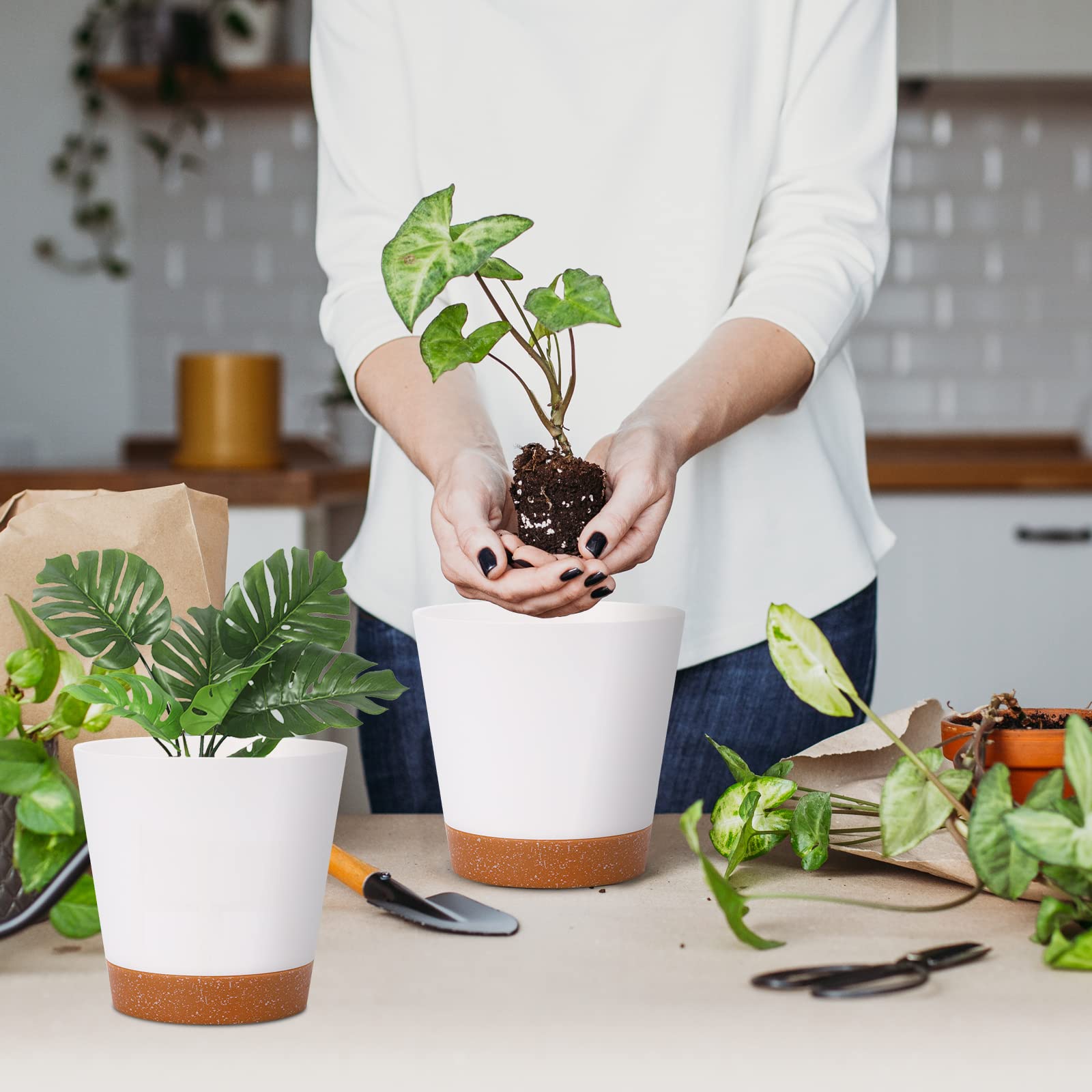 ShineMe Selbstbewässernde Blumentöpfe – 6 Stück, 10.4 Cm, Grau, Mit Baumwollseil Für Zimmerpflanzen
