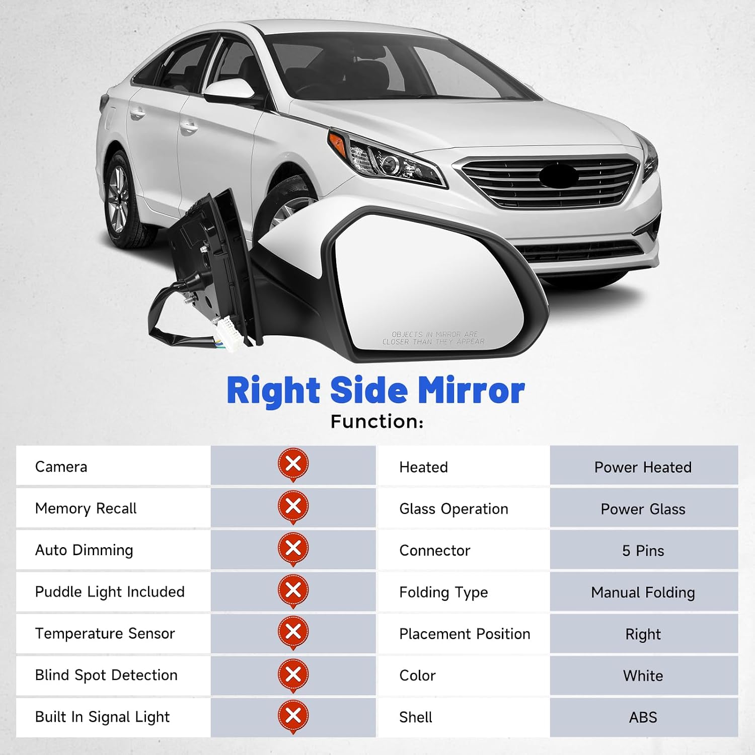 Right Passenger Side Mirror Compatible With Hyundai Sonata 2015 2016 2017 2018 2019, W/Power Glass/Heated/Manual Folding, Replace HY1321203,87620-C2000 White, 5Pins