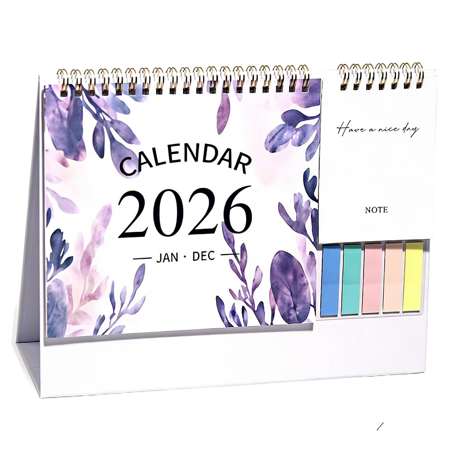 2026 Floral Desk Calendar, Small Standing Flip Desktop Calendar – Vibrant & Elegant, Monthly Date Organizer with Space for Notes, 20 Blank Sticky Notes, for Home Office School (Purple)