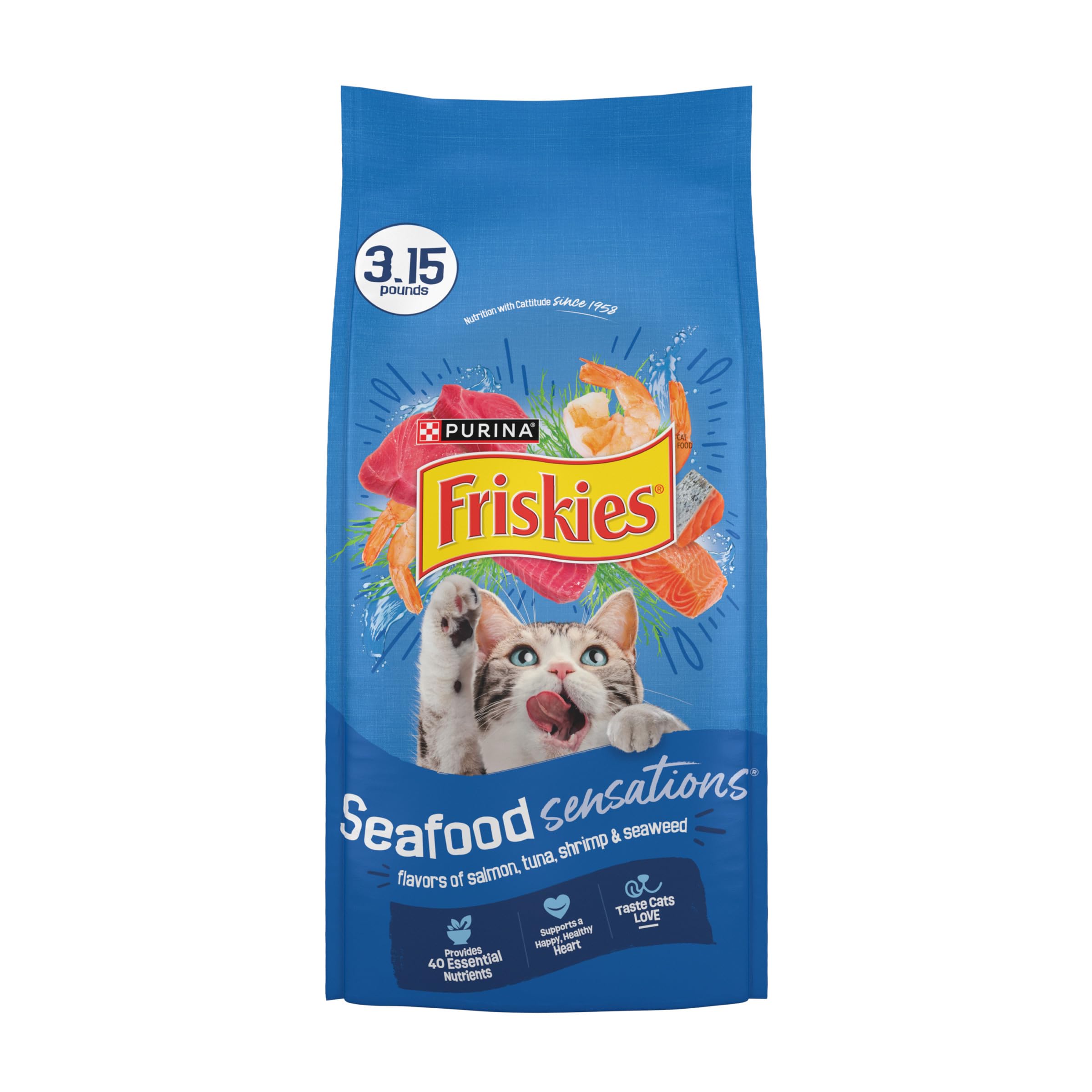 Amazon.com : Purina Friskies Dry Cat Food Seafood Sensations With Salmon,  Tuna, and Shrimp Flavors - (Pack of 4) 3.15 lb. Bags : Pet Supplies