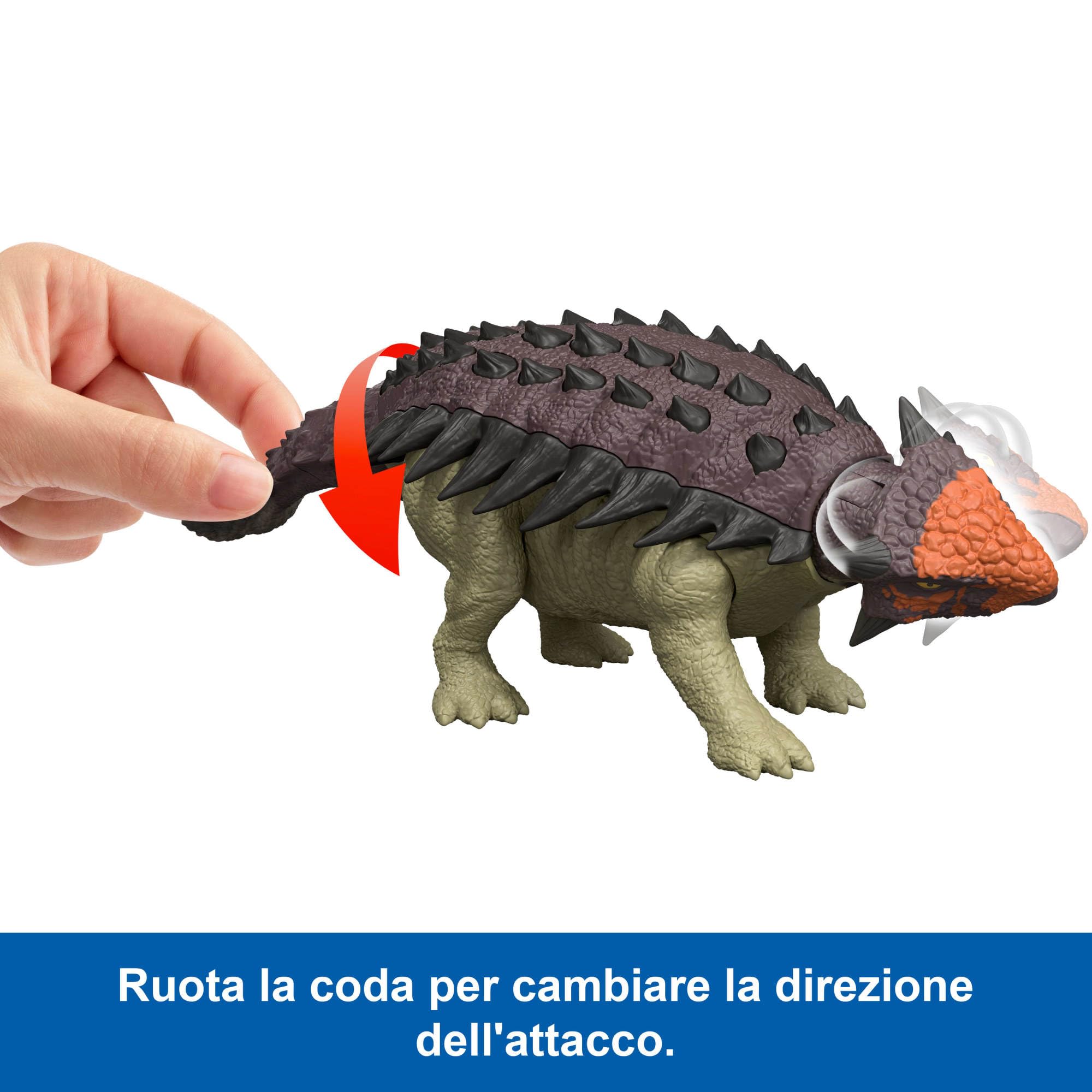 Mattel Jurassic World La Rinascita Anchilosauro Ruggito Selvaggio, action figure snodata del dinosauro con attacco multiplo della testa azionato con la coda e suoni, gioco digitale, JGB90