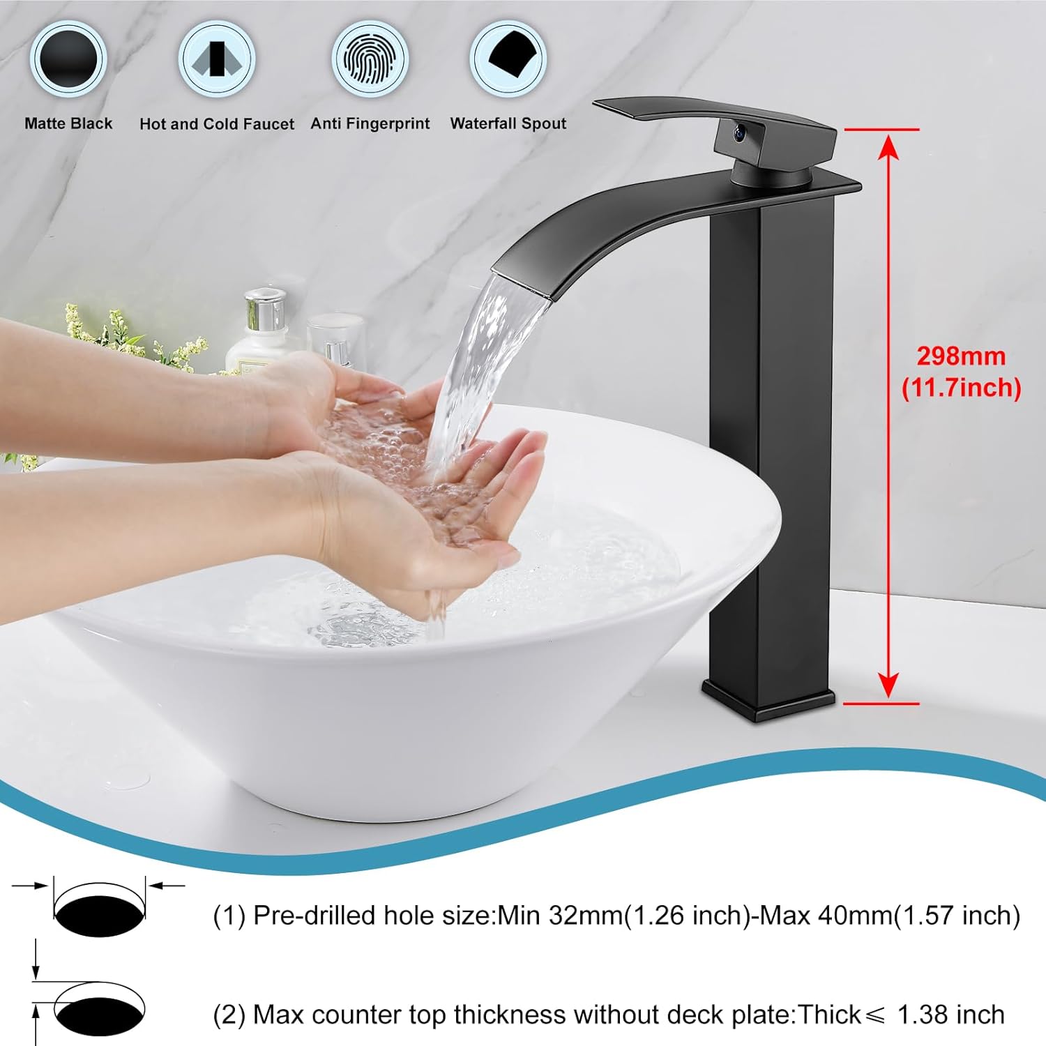 Midanya Vessel Sink Facuet Waterfall Tall Bathroom Faucets Vanity Single Handle 1 Hole Modern with Pop-up Drain and Supply Hoses,Matte Black - Image 2