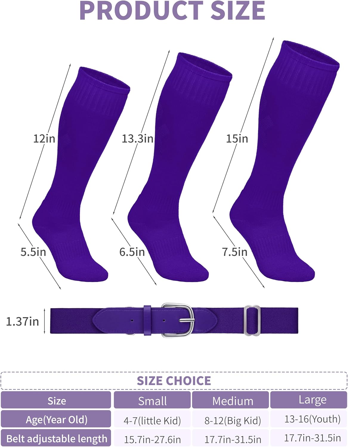 Baseball Socks and Belt Combo Set Cotton Boys Adjustable Baseball Softball Socks and Belt for Boys Girls - Image 2