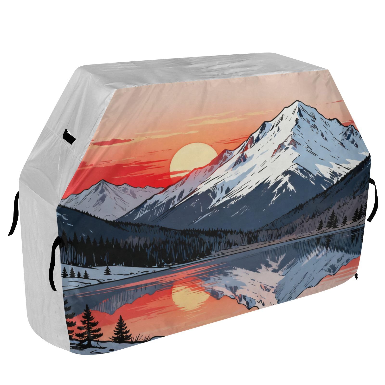 Mountain Sunset Lake, pokrowiec na grilla, 158 cm, wodoodporny, wytrzymały, odporny na rozdarcie, odporny na blaknięcie materiał, pokrowiec na grilla z regulowanym sznurkiem chroniący przed kurzem i
