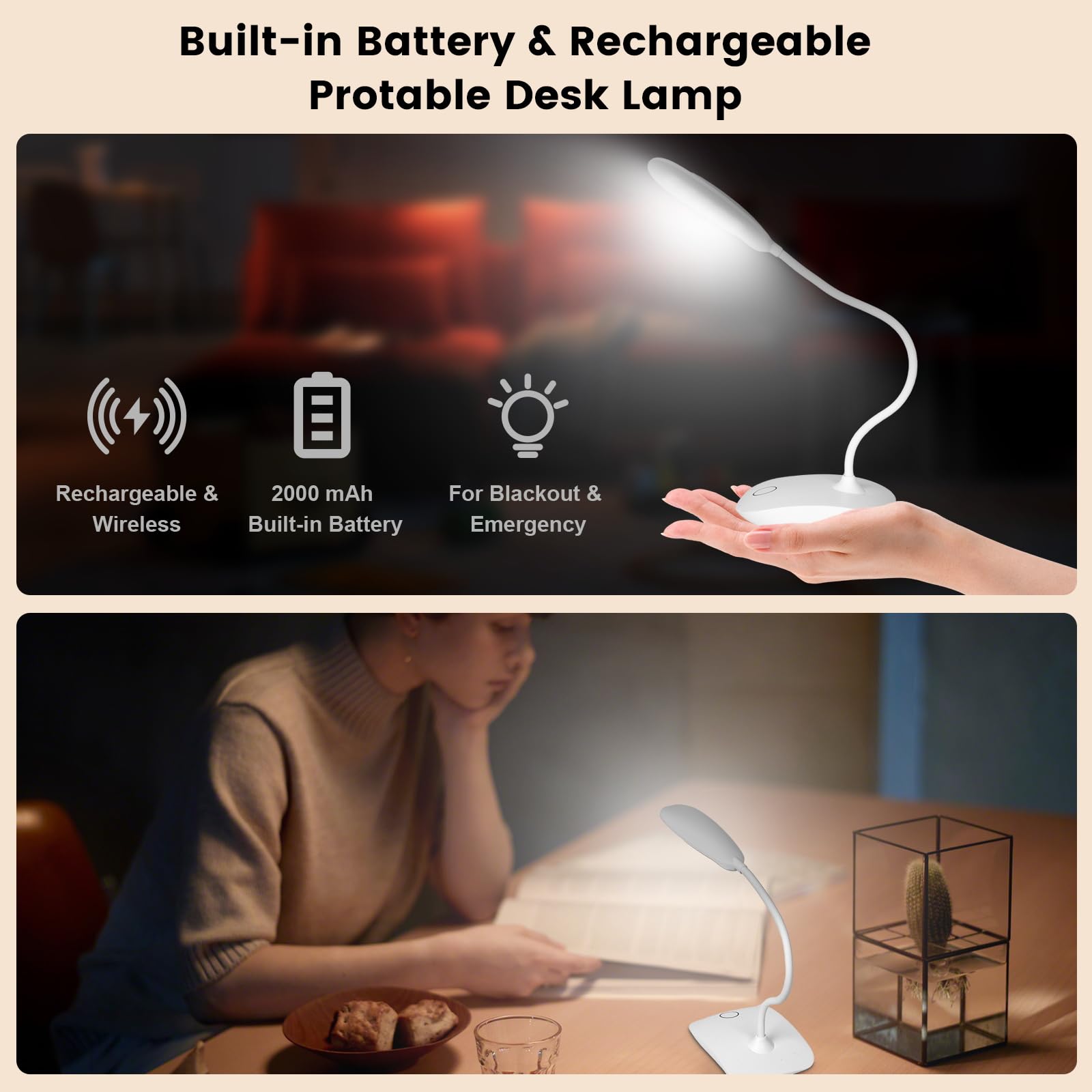 Wiederaufladbare LED-Schreibtischlampen, 3 Farbmodi, Touch-Steuerung, dimmbar, tragbar, 2000 mAh Akku, 2 Stück