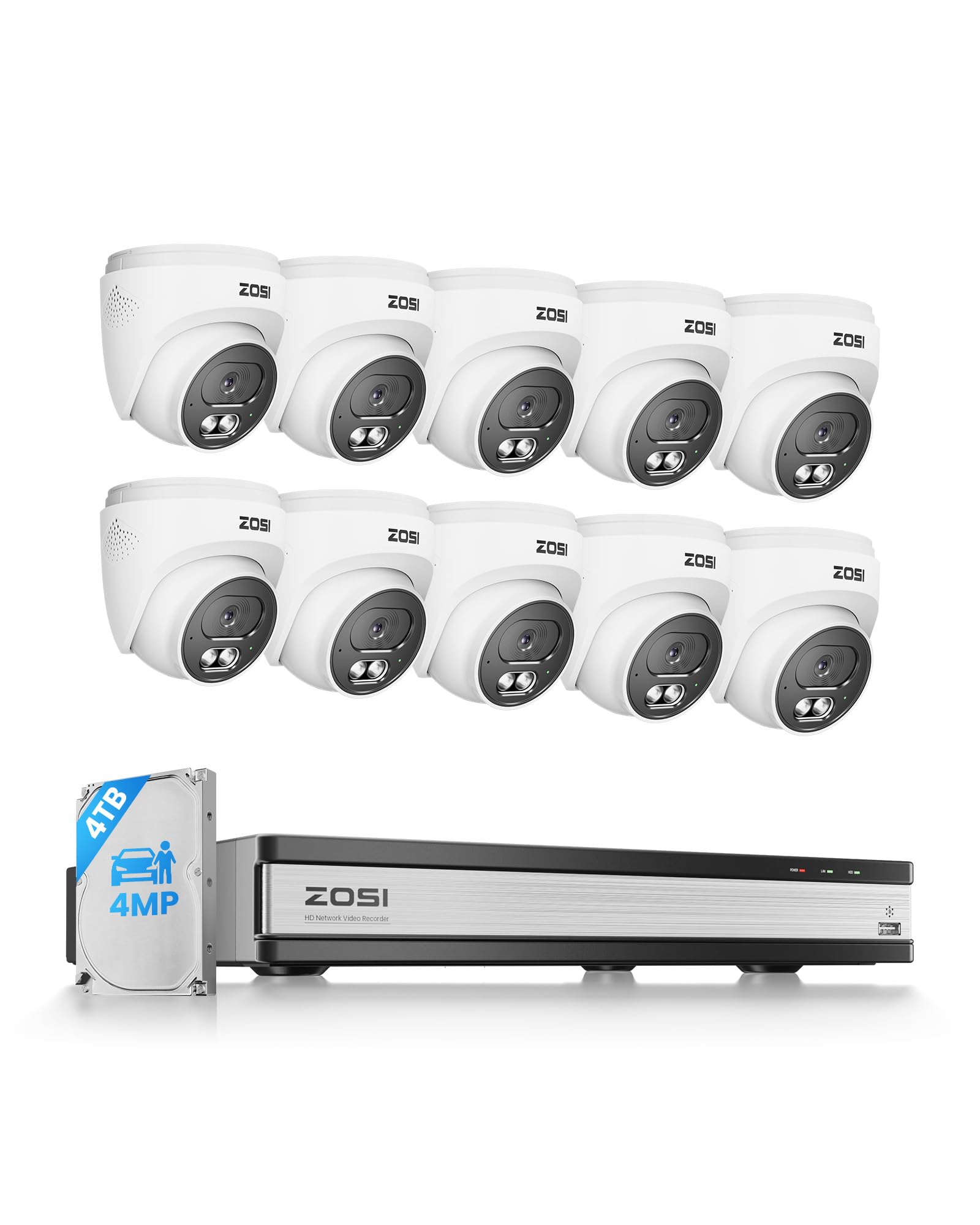 ZOSI C220 16CH 4K PoE Home Security Camera System, 16CH 8MP 4K NVR with 4TB HDD for 24/7 Record, 10 x 4MP(1440p) QHD 2.5K Dome IP Cameras Outdoor Indoor, Smart AI Human Detection, Two-Way Audio
