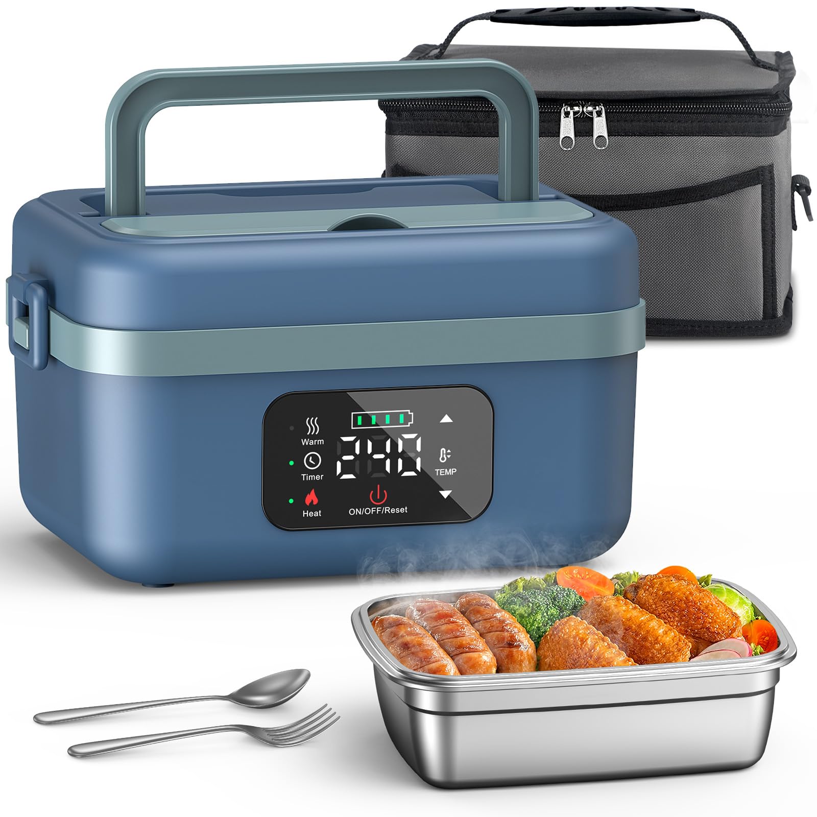 Heated Lunch Box for Adults with 4.3-Cup Steel Container | 16000mAh rechargeable battery provides cordless heating for warm meals at work, trucks, offices, and outdoor jobs