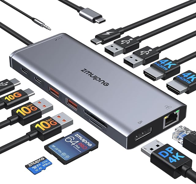 USB C Docking Station for Laptop Dual Monitor, ZMUIPNG 14-in-1 Laptop Docking Station USBC Hub with 2HDMI,Displayport,100W PD,Ethernet,6 USB Port,SD/TF Card Reader,Mic/Audio for Dell/HP/Lenovo