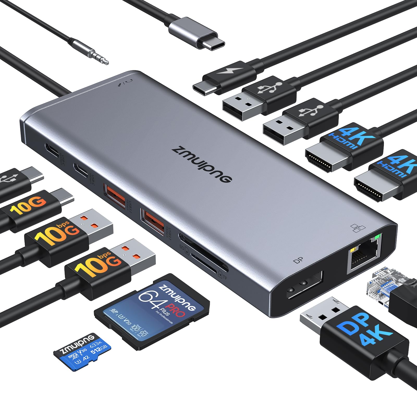 ZMUIPNG USB C Docking Station Dual Monitor USB-C Hub Multiport 14