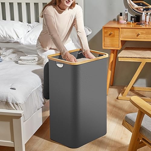 Miniatura 5 de Gris oscuro, 110L, bambú, cesta para ropa sucia