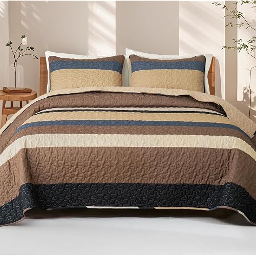 Whale Flotilla Full Queen Size Quilt Set - Reversible Camel Quilts Queen Size with 2 Pillow Shams, Lightweight Boho Striped Bedspreads Coverlet Bedding Set for All Seasons