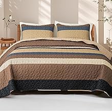 Whale Flotilla Reversible Ultra Soft Printed Quilts Queen Size, Lightweight Patchwork Geometric Stripes Bedspreads Coverlets Queen Quilt Bedding Set with 2 Pillow Shams for All Seasons, Camel