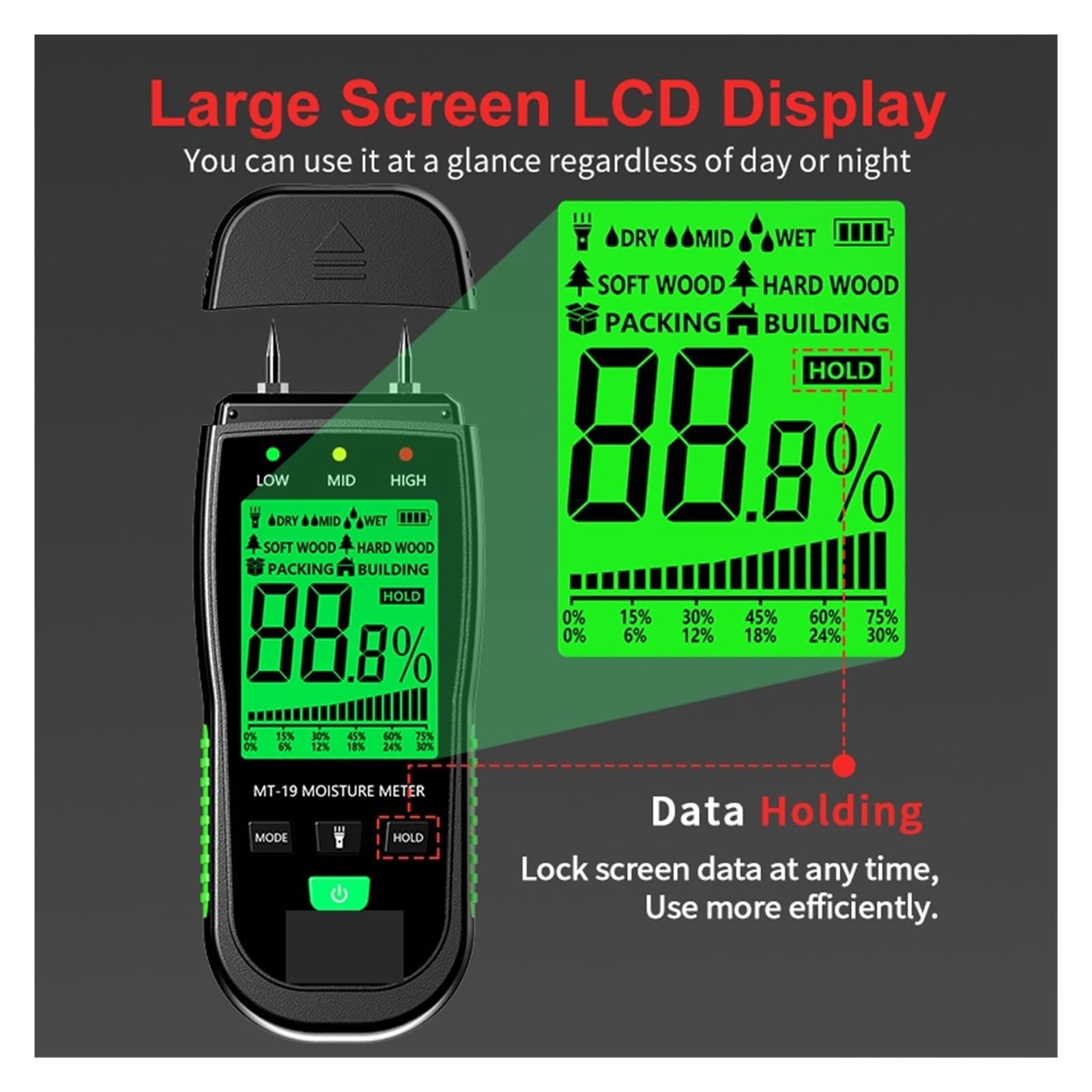 MT-19 Misuratore di umidità del Legno Tester Cartone Igrometro'albero con Schermo LCD retroilluminato a Due Pin e Torcia elettrica Piccolo Errore(MT19C)