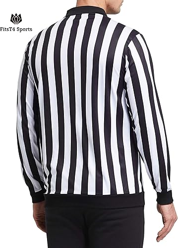 Miniatura 2 de FitsT4 Sports Camisa oficial de árbitro a rayas blancas y negras para hombre, con cuello con cremallera, disfraz de árbitro, uniforme profesional