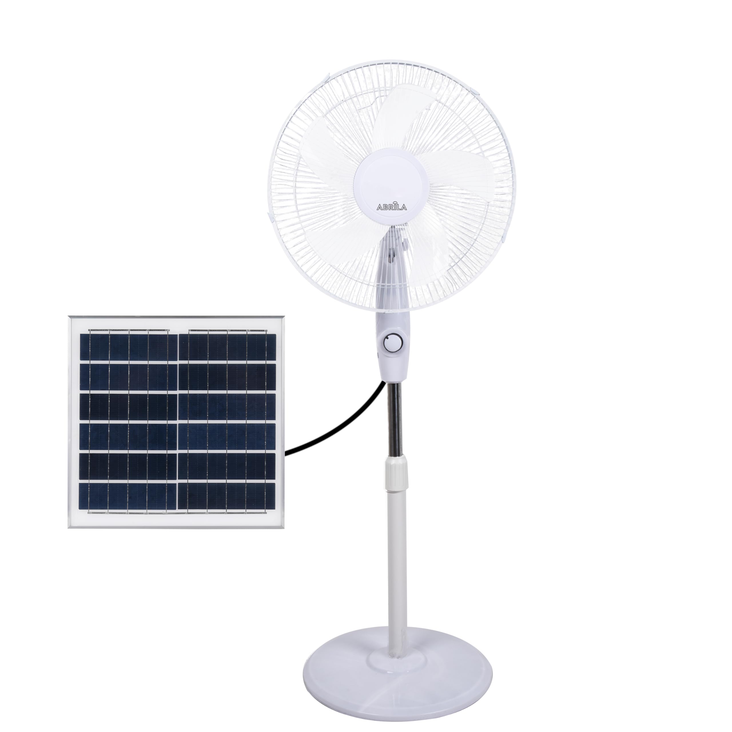 ABRILA - Ventilador de Pie Solar DC FRONTERA | Color Blanco con cinco Aspas | 3 Velocidades Ajustables | Incluye un Panel Solar | Equipado con Puerto USB y Mando a Distancia | Cabezal 2 Funciones