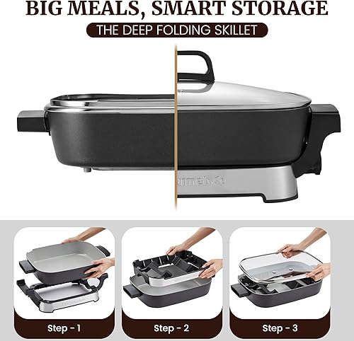 Miniatura 2 de Elite Gourmet EG4403 - Sartén eléctrica plegable de 15 x 12 x 3 pulgadas, Ceralast cerámica antiadherente, calor rápido de 1500 W, sartén y tapa