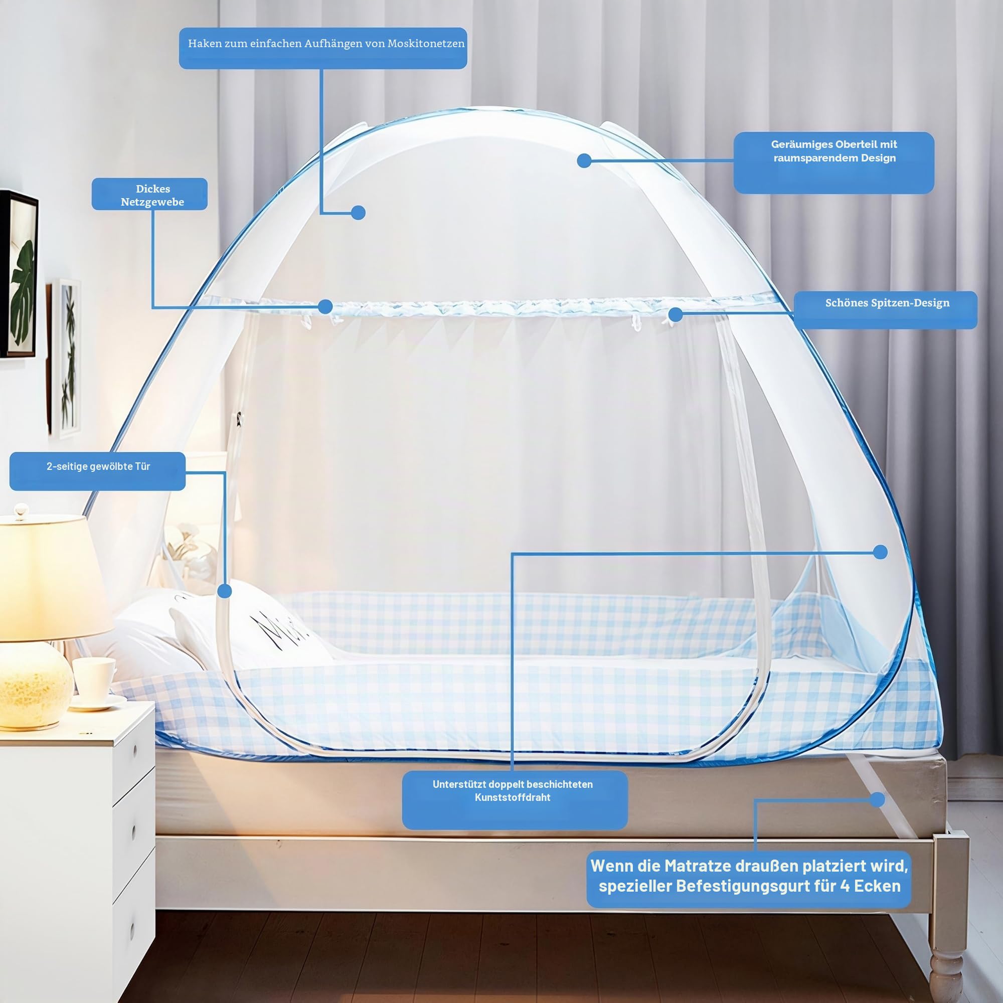 Digead Faltbares Pop-up Moskitonetz für Bett, 100×200 cm Einzeltür Design, Tragbares Reise moskitonetz, Ideal für Zuhause, Reisen & Camping - Blauer Rand