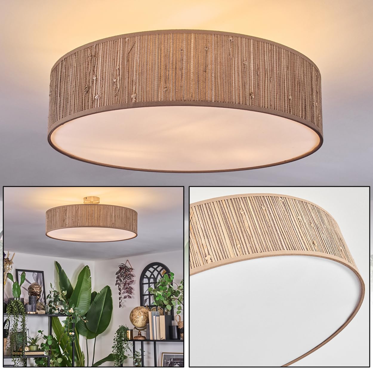 HOFSTEIN Deckenleuchte Foggia, Deckenlampe aus Metall/Binsenstroh/Stoff/Kunststoff in Nickel-matt/Natur/Beige/Weiß, runde Boho Leuchte (Ø 50 cm), E27, Esszimmer, Wohnzimmer, Schlafzimmer, Küche