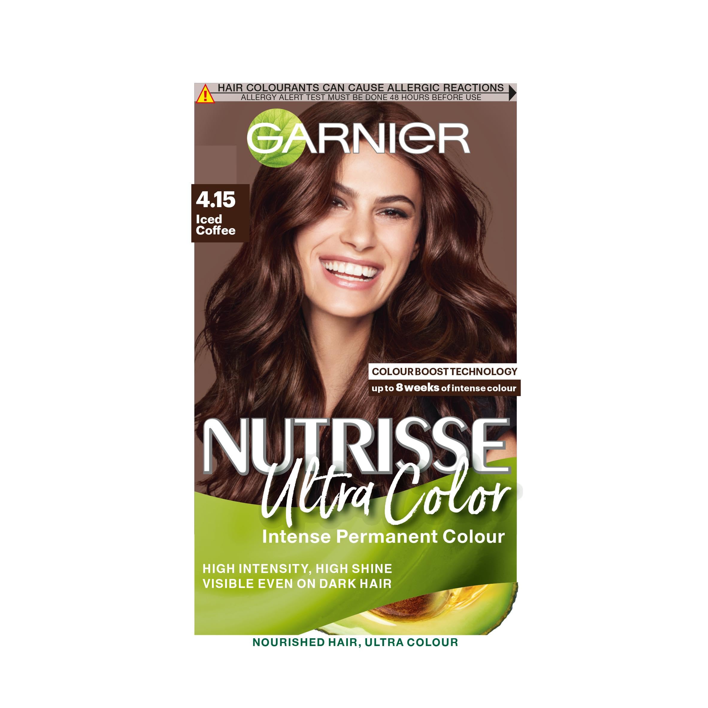 GarnierNutrisse Ultra Color Hair Dye, Vegan, 4.15 Iced Coffee Brown. For 100% grey coverage and a cool, sophisticated 8-week colour. This no-ammonia, vegan formula gives a modern iced coffee tone.