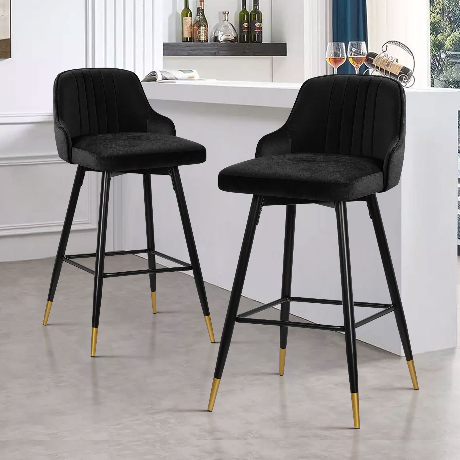 Bekrvio Swivel 74cm Counter Height Bar Stools Set of 2,Velvet Upholstered Kitchen Stools with Back (Black, 74CM 2PCS)