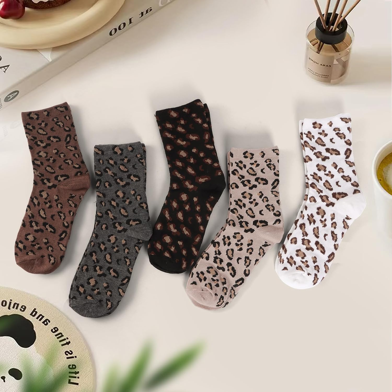 Leopard Print Mid-Calf Socks 5-Pairs Pack, Neutral Colors Ankle Socks for Women, Soft Breathable Cotton Blend - Image 3