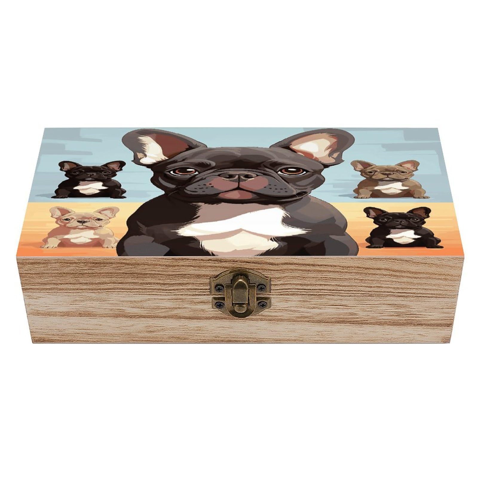 JTREHY French Bulldog Dog Cute Wooden Keepsake Box Vintage-Style Wood Keepsake Case with Hinged Lid Solid Wood Boxes Beautifully Memory Treasure Case Vintage-Style Wooden Storage Box