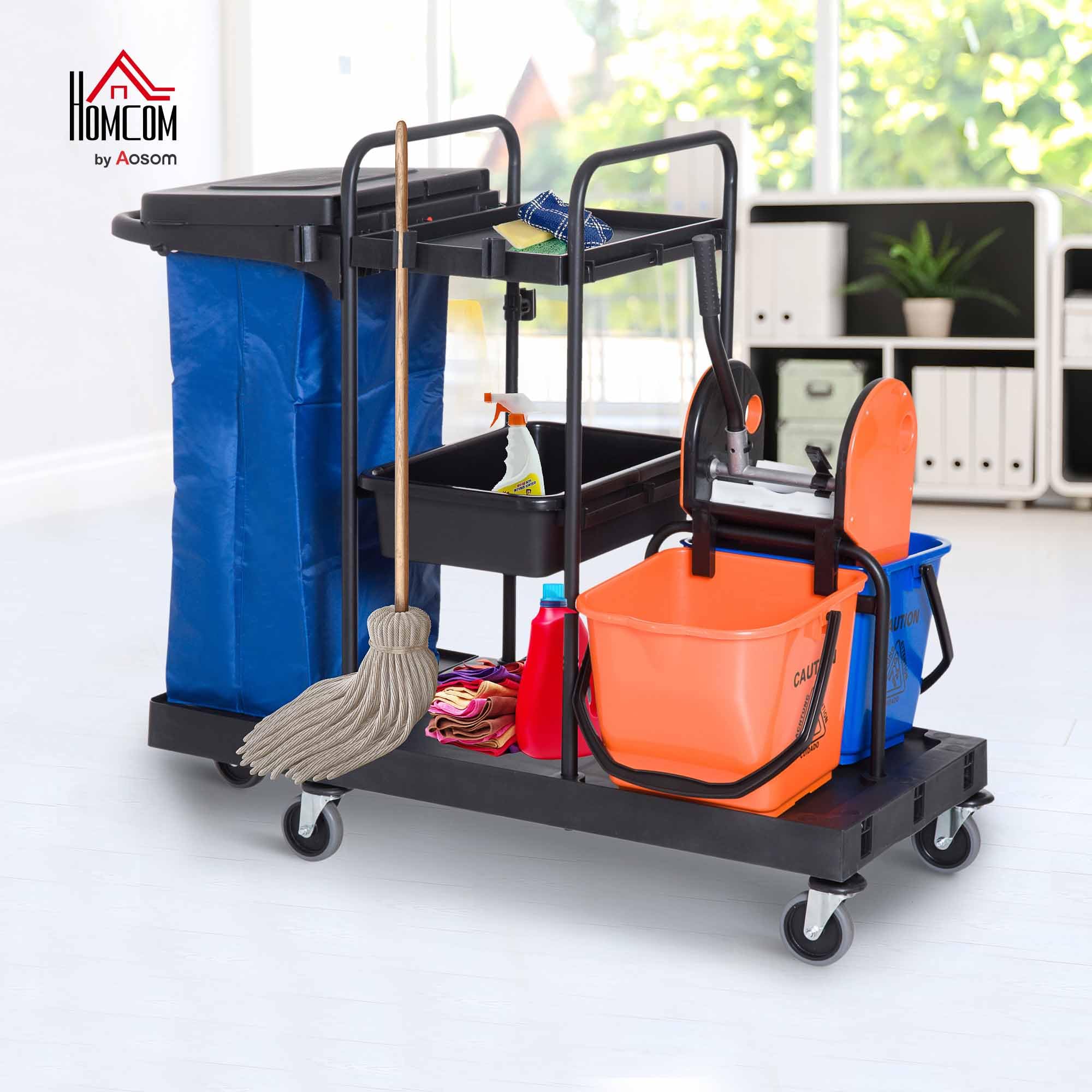 HOMCOM Putzwagen Reinigungswagen Wischwagen Systemwagen mit 4 leichtgängigen Rollen Schwarz+Blau+Orange 111 × 63,3 × 103 cm