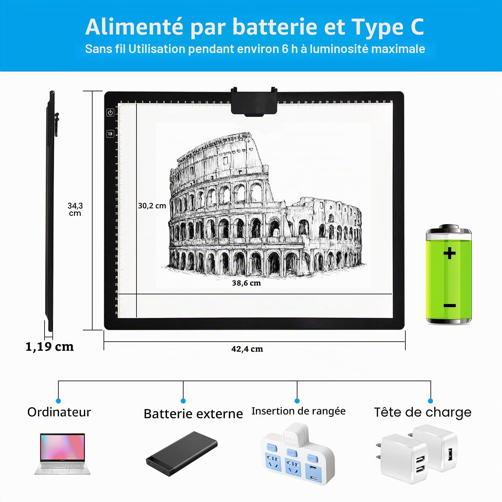 TOHETO A3 Rechargeable Tablette Lumineuse Diamond Painting, Table Lumineuse Dessin avec Support Pliable Uminosité Réglable Tableau Tumineux,LED Tables à Dessin Lumineuse pour Tatouage,Croquis, Trace