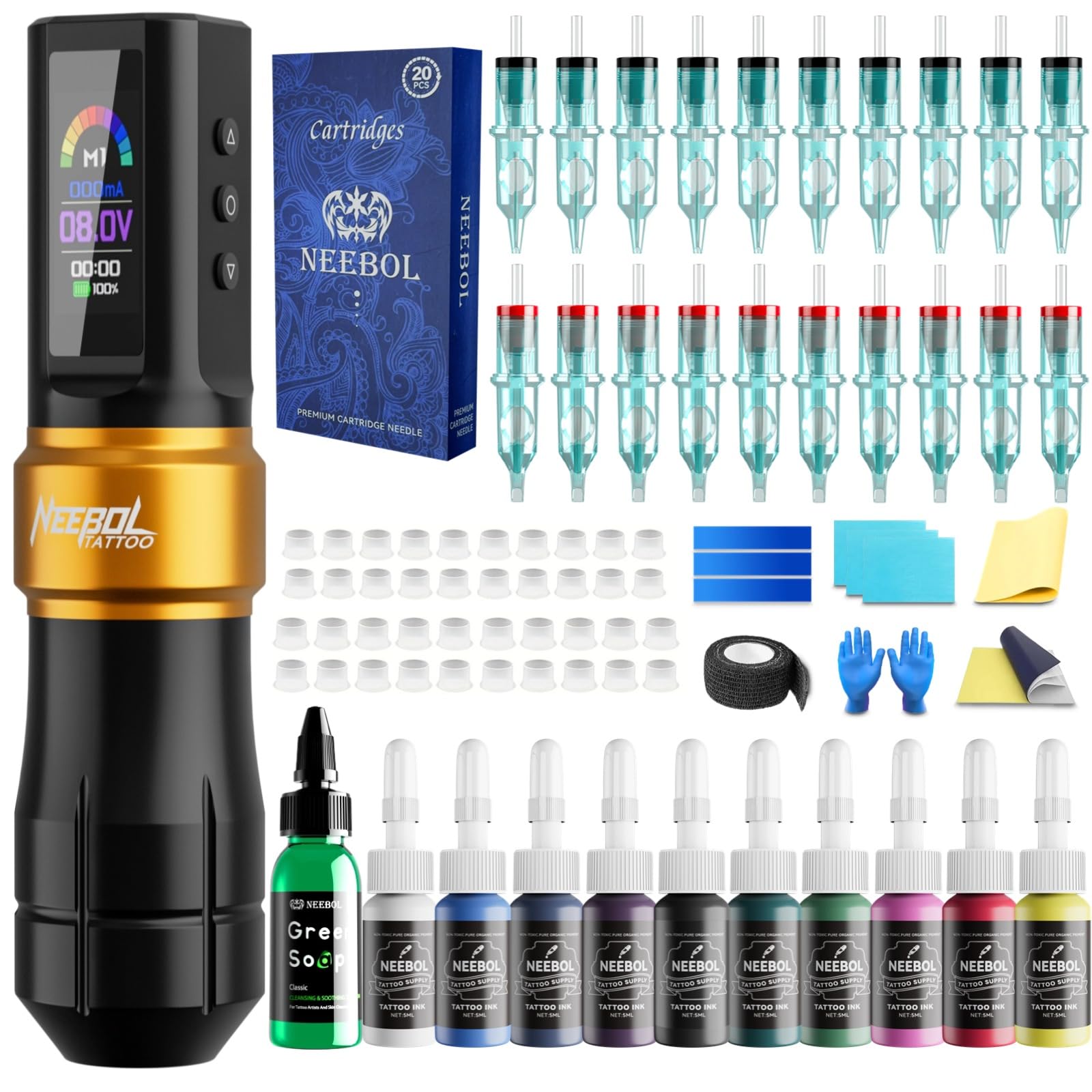 NeebolWireless Tattoo Gun kit with Mode Memory, Cordless Rotary Tattoo Pen with 6h Battery Life, Easy Adiustment, Tattoo Supplies, Complete Tattoo Machine Kit Gift for Beginners and Professionals