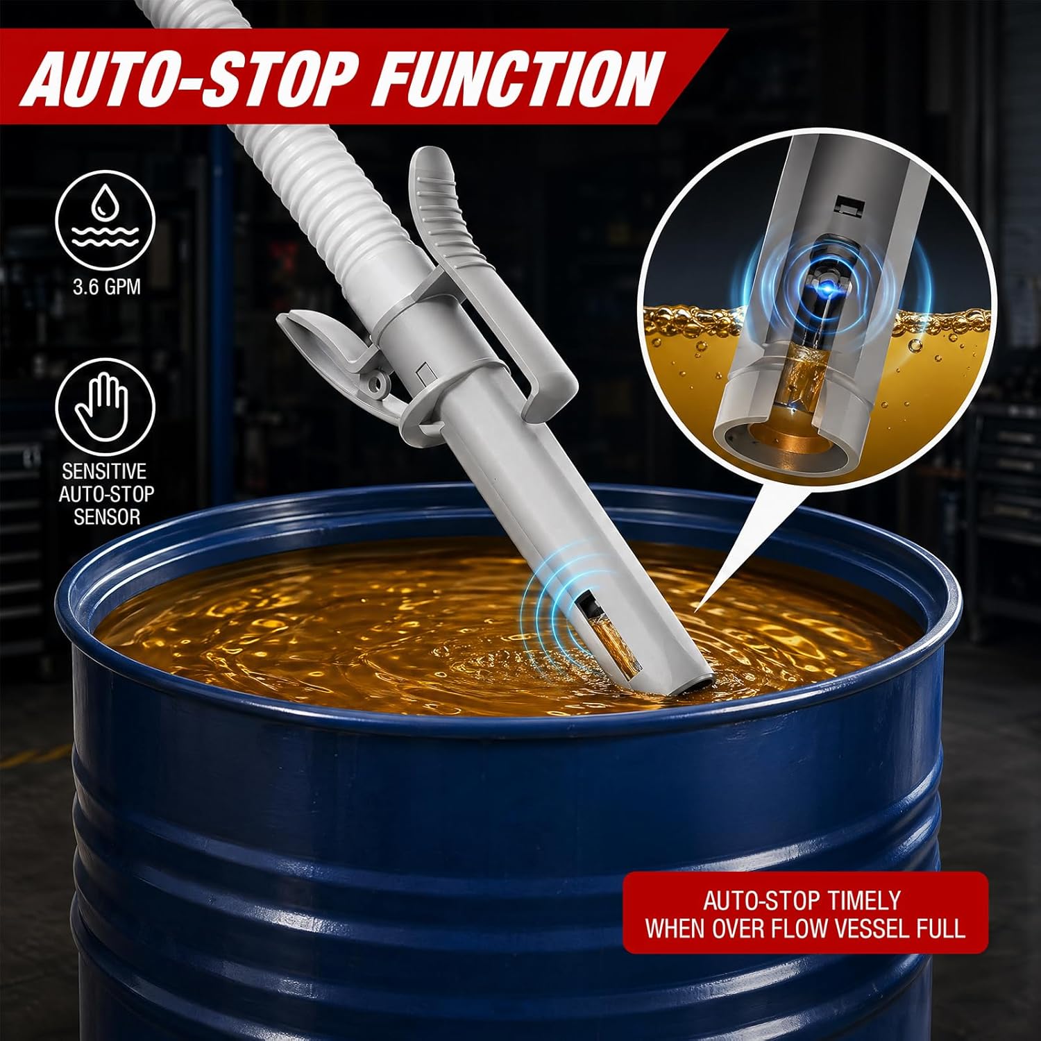 Automatic Electric Fuel Transfer Pump with Auto-Stop, 3.6 GPM, 54" Long Hose Gas Pump Battery Powered w 4 Size Can Adapters and Leak Protection for Gasoline, Diesel, Kerosene, Gifts for Men Dad