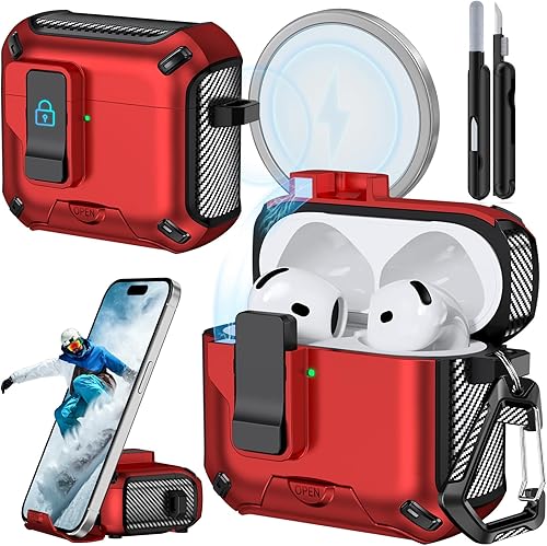 Miniatura 38 de Funda para AirPods 4 (2024) con soporte para teléfono, con interruptor automático a presión, diseño de fibra de carbono, cubierta de protección para