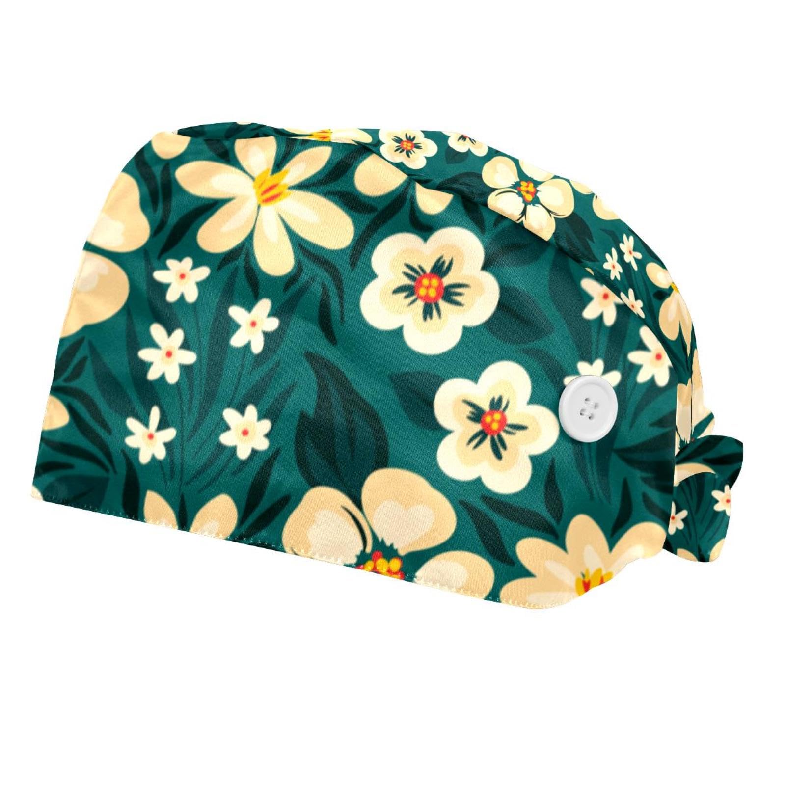 Yellow Small Flower 2 Pcs Unisex Working Cap with Button Bouffant Turban Cap Adjustable Hats Bouffant Hair Cover