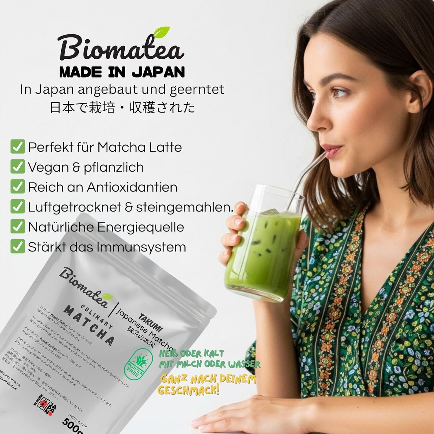 Biomatea Takumi Japanischer Matcha Tee Pulver | 500g Vorratspack | Leuchtend Grün, cremig, ohne Bitterkeit, Umami | Tencha Grüner Tee Pulver | ohne Zucker, Vegan