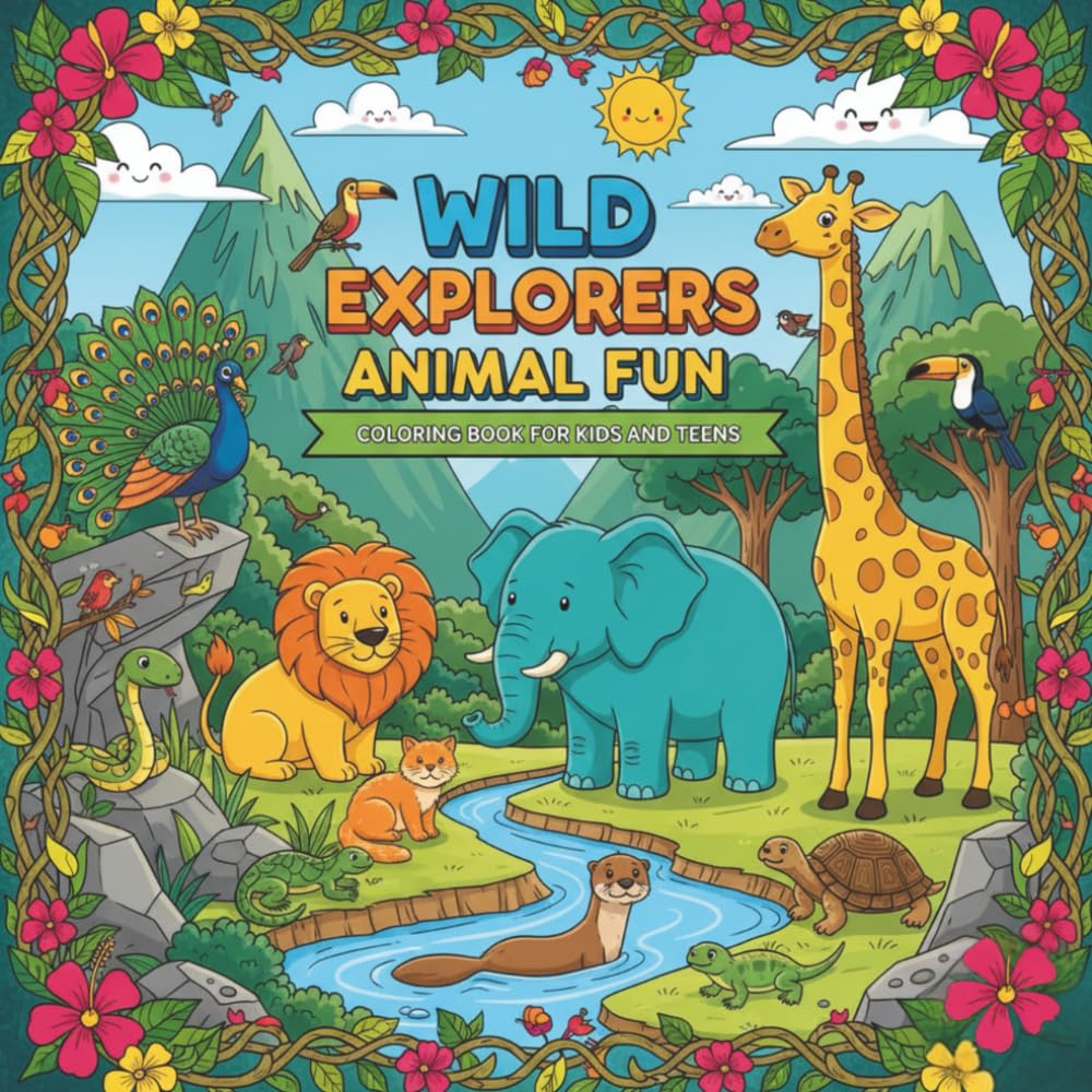 Wild Explorers Animal Fun Coloring Book for Kids and Teens: A wonderful Journey Featuring Great Beasts, Ocean Life, Reptiles, and Desert Wonders