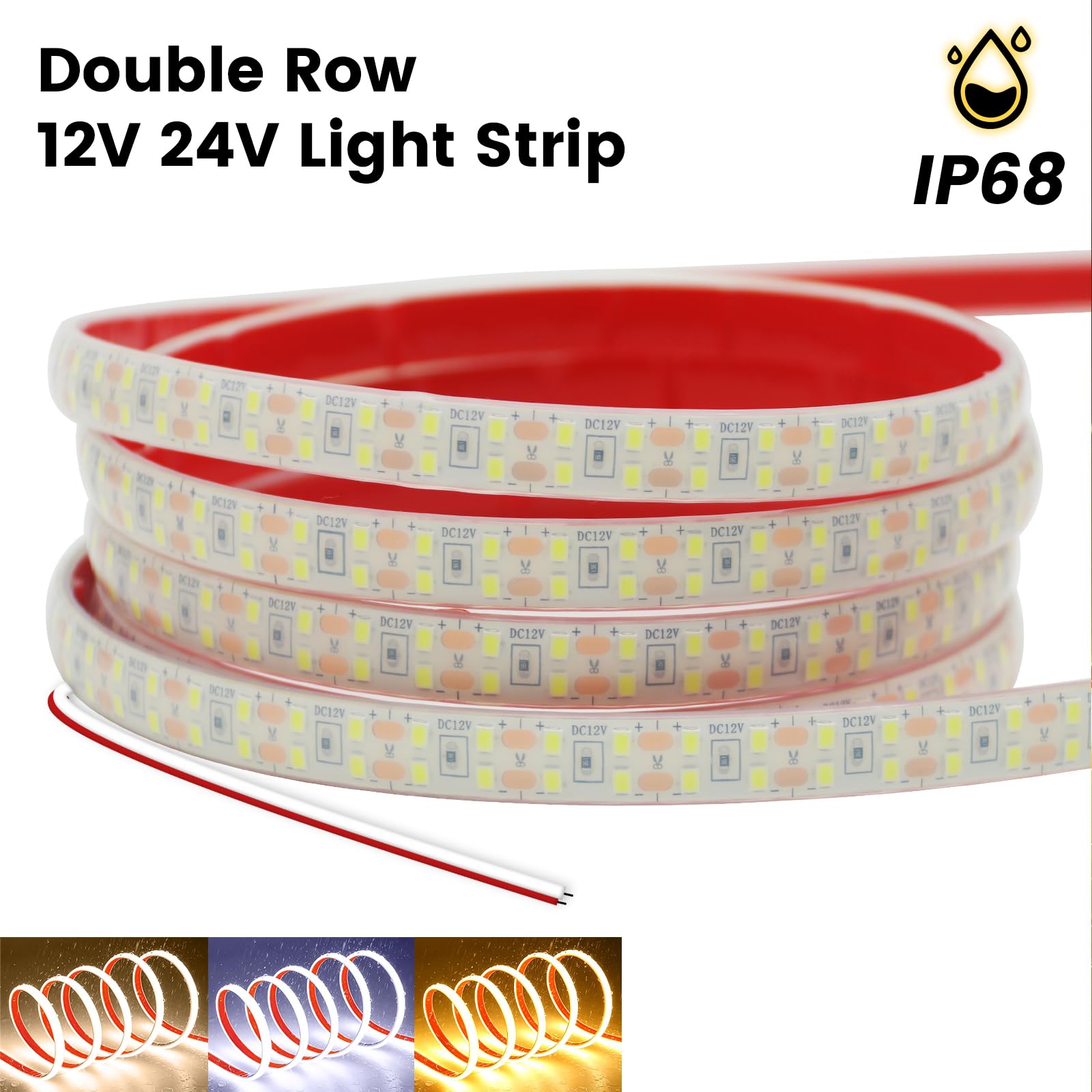 KISUFU Ruban LED 24V, 240 LEDs/m SMD 2835 IP68 Étanche 2PIN Auto-adhésif Bande LED Light Strip pour Maison Chambre Cuisine Éclairage commercial. (Sans Alimentation)
