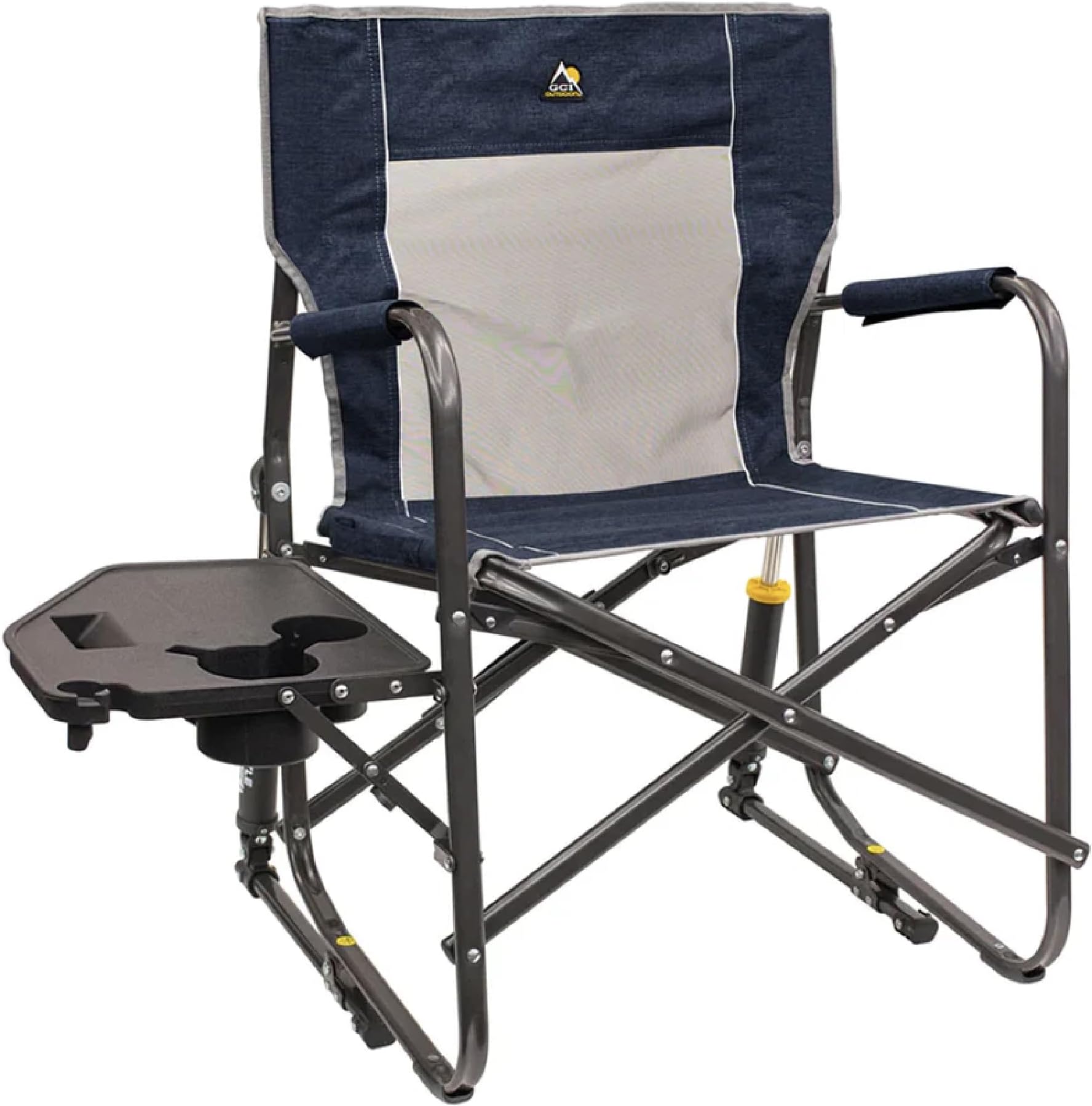 Freestyle Rocker with Side Table Camping Chair | Portable Folding Rocking Chair with Solid, Durable Armrests, Drink Holder & Comfortable Backrest — Heathered Indigo