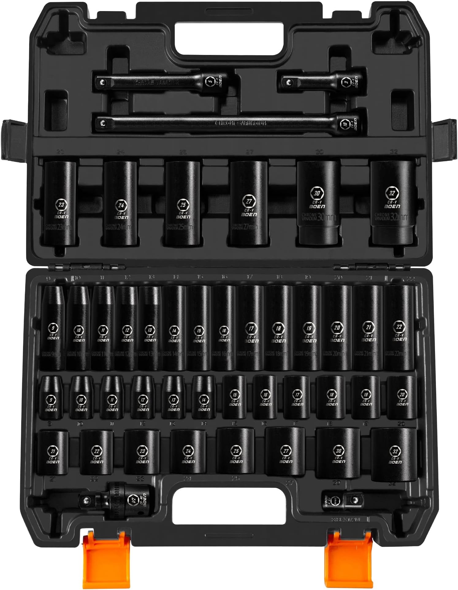 boen1/2" Drive Impact Socket Set, 45 Piece Deep & Shallow Metric Socket Set 9mm to 32mm, Includes 6", 10" Extension Bars, Universal Joint, Adapter, 6 Point Design, Cr-V Steel, Meets ANSI Standards