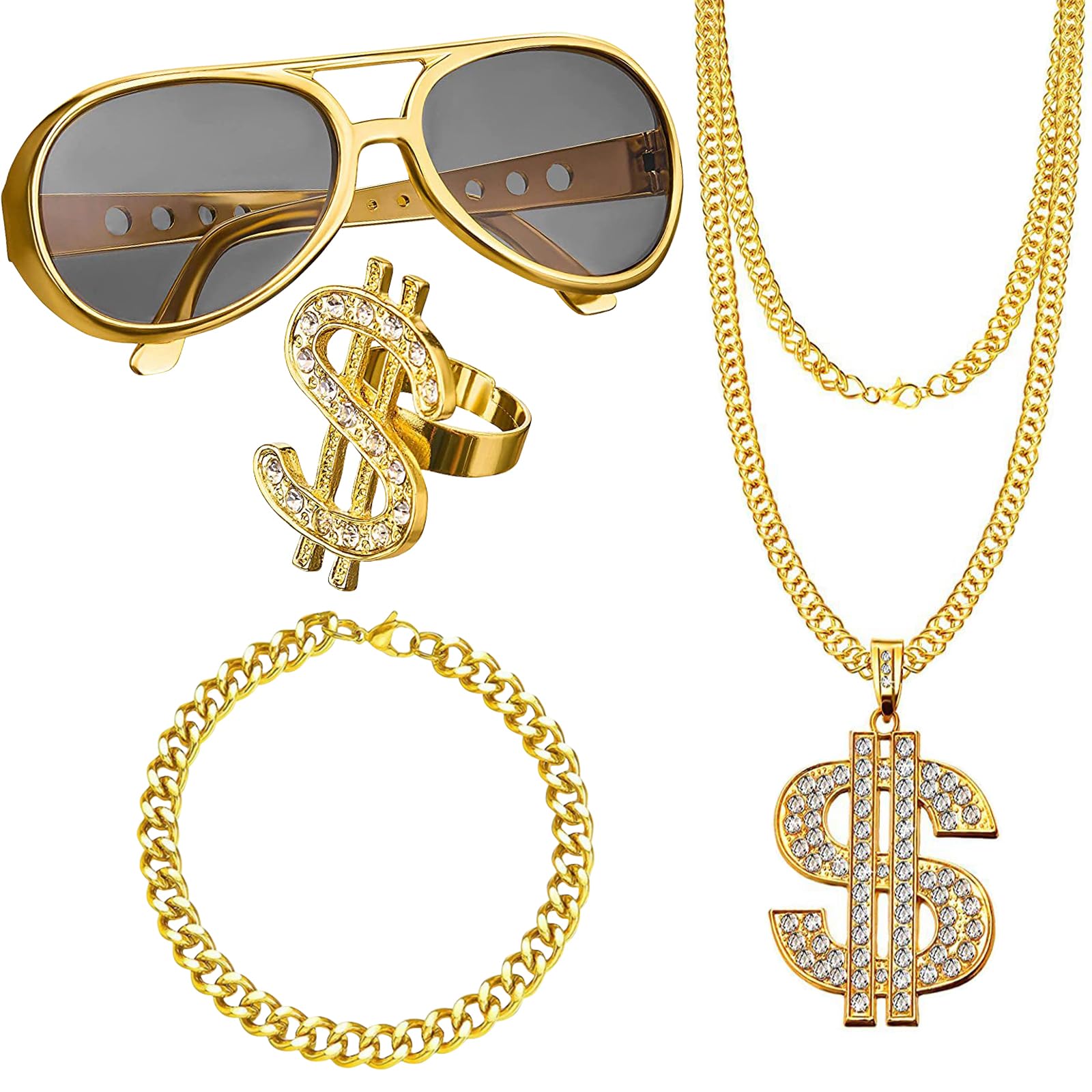 Pack of 4 Hip Hop Costume Accessories, Dollar Sign Bracelets Ring Sunglasses Gold Chain Set, Rapper Accessories, Hiphop Rapper Punk Gold Chain, Hiphop Jewellery for 80s/90s Carnival Party