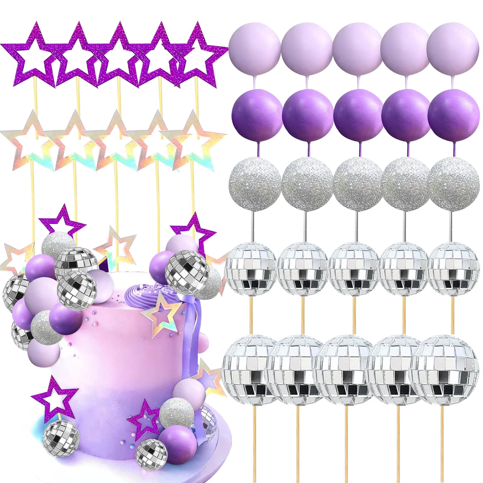 BSITSSS 35Pcs Cake Decorations Stylish Disco Balls, Star Cake Topper, Mini Disco Round Ball Cake Toppers, Cake Decorating Birthday Party Supplies Birthday Celebrations Party Supplies