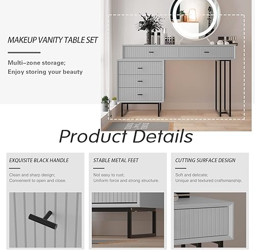 Miniatura 7 de Anbuy Juego de escritorio de maquillaje gris con cajones, tocador de maquillaje moderno, juego de tocador para dormitorio, juego de muebles de