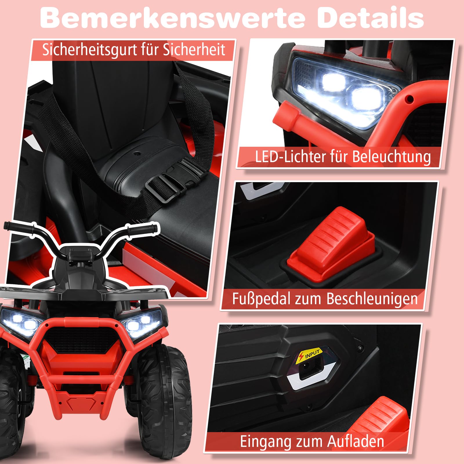 GOPLUS 12V Kinder Quad, Elektro Kinderquad mit breitem Sitz, USB/MP3/TF-Funktionen, LED-Scheinwerfern, Hupe, 3-8 km/h, Kinderauto Elektroauto für Kinder ab 3 Jahren (Rot)