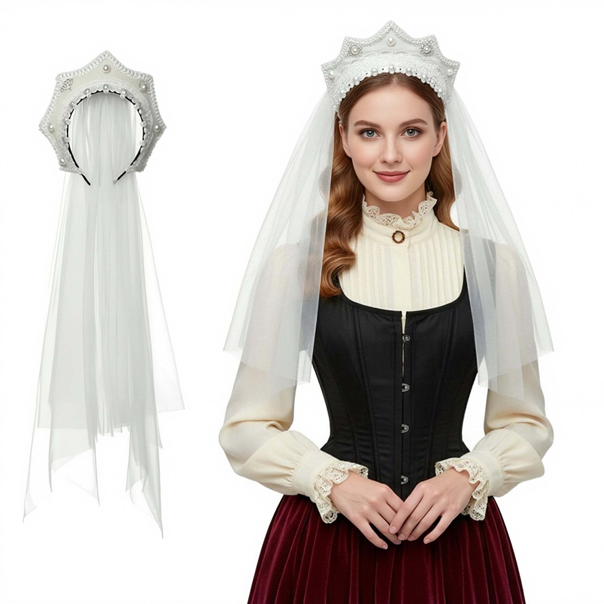 ANDHOM Anne Boleyn Hat Tudor Gable Hood Cap - Elizabethan Renaissance Headdress for Cosplay Party Halloween Carnival Knight Festival Costume Accessory