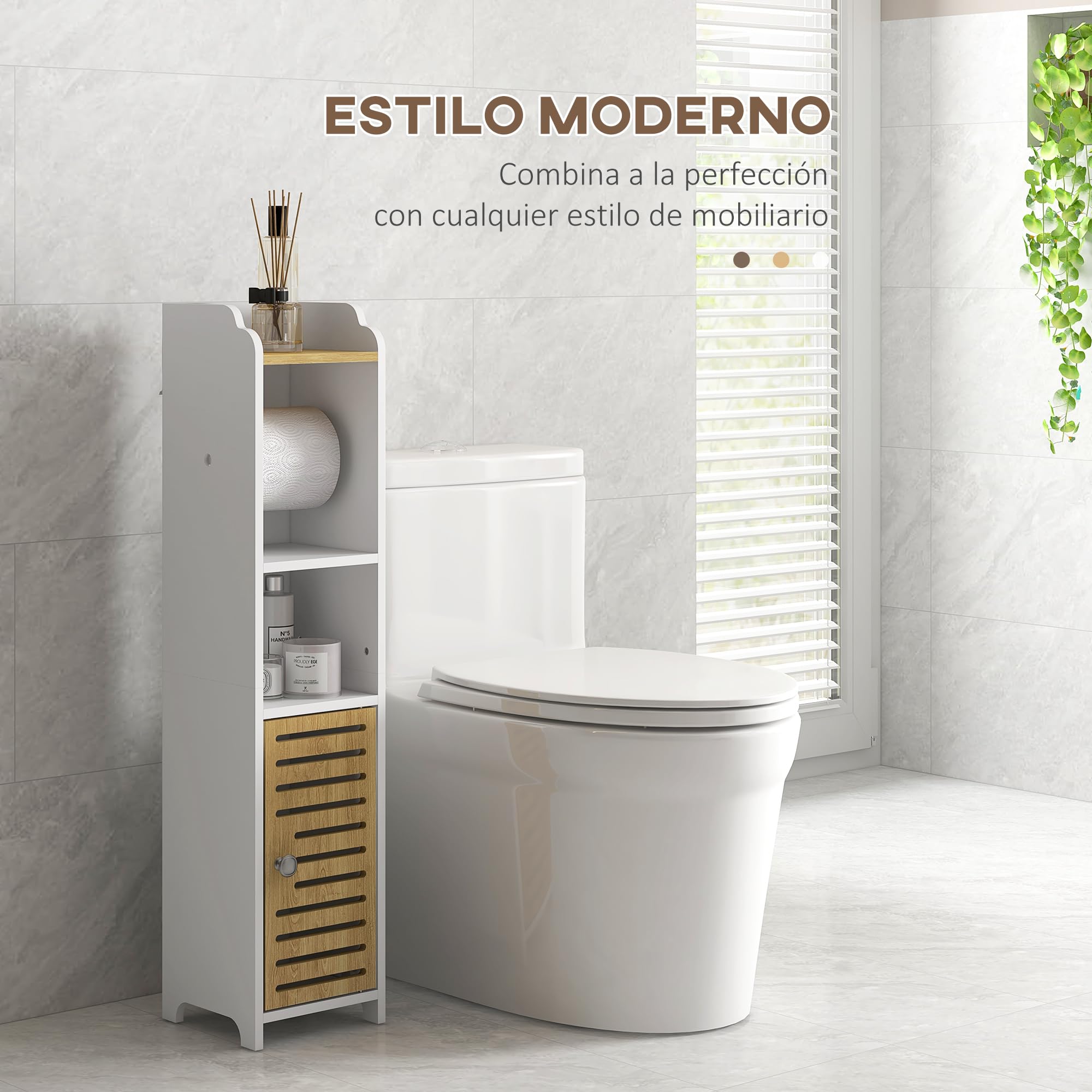 kleankin Armario de Baño Moderno con 1 Puerta 18x20x90 cm Blanco y Roble | Columna Auxiliar de Baño, con Estantes, Portarrollos de Papel, para Dormitorio Sala