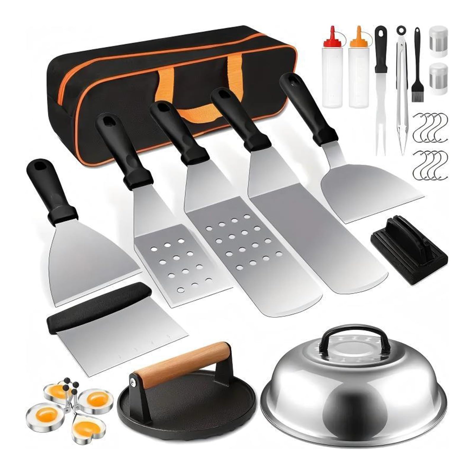 Juego de utensilios para barbacoa de 29 piezas, de acero inoxidable, mango de madera resistente al calor con bolsa organizadora, juego de herramientas para barbacoa indispensable con