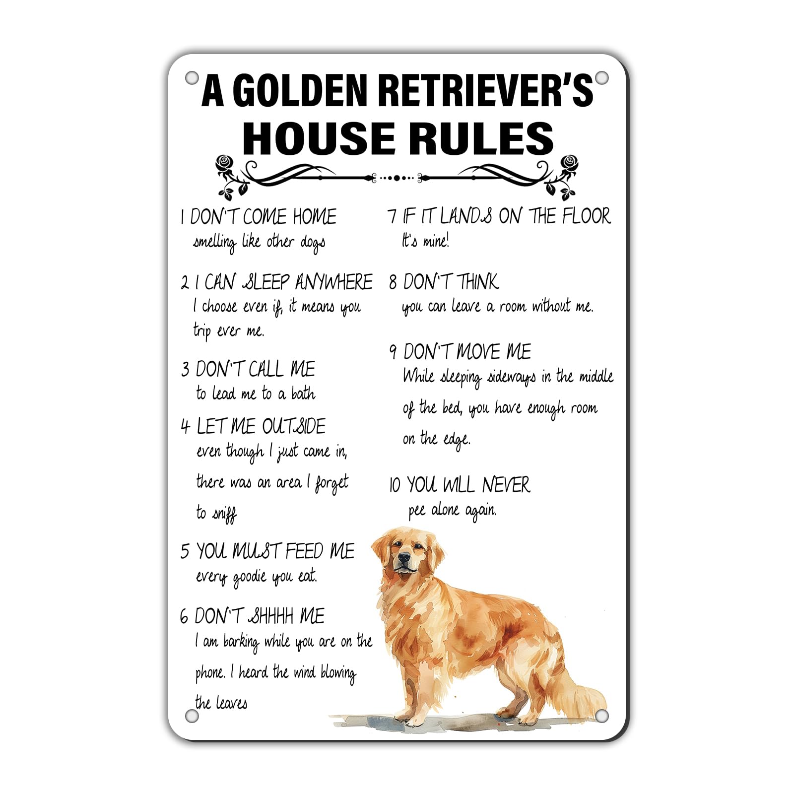 Anceky Funny Sign A Golden Retriever‘s House Rules Metal Tin Sign Retro Wall Decor for Home Club Farmhouse Cafe Kitchen Yard 12×16 Inch